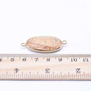 天然石コネクターチャーム ピクチャージャスパー 楕円カット 2カン 17×39mm ゴールド （1ヶ）