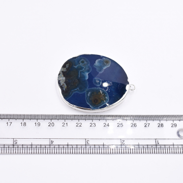 天然石フレームチャーム オーバルカット 1カン ブルーアゲート 60x47mm ロジウム (1ヶ）
