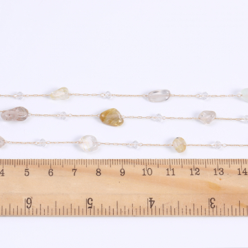 高品質天然石チェーン ガラスビーズ付き ハンドメードチェーン ゴールド（10cm）