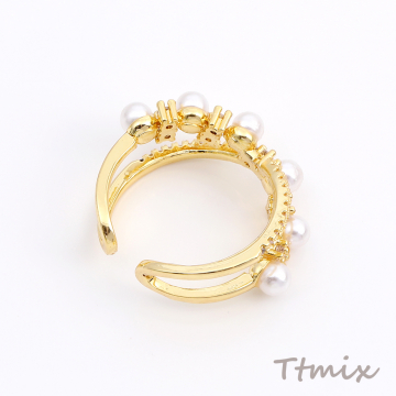 高品質ジルコニアリング デザインリング 指輪 パール付き 幅約10mm ゴールド（1ヶ）